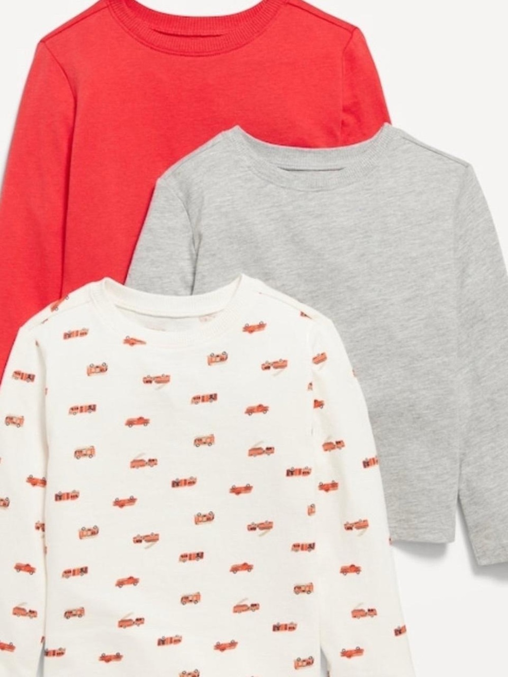Old Navy 3-Pack Long-Sleeve Tees in Red, Gray & Cream with Car Print